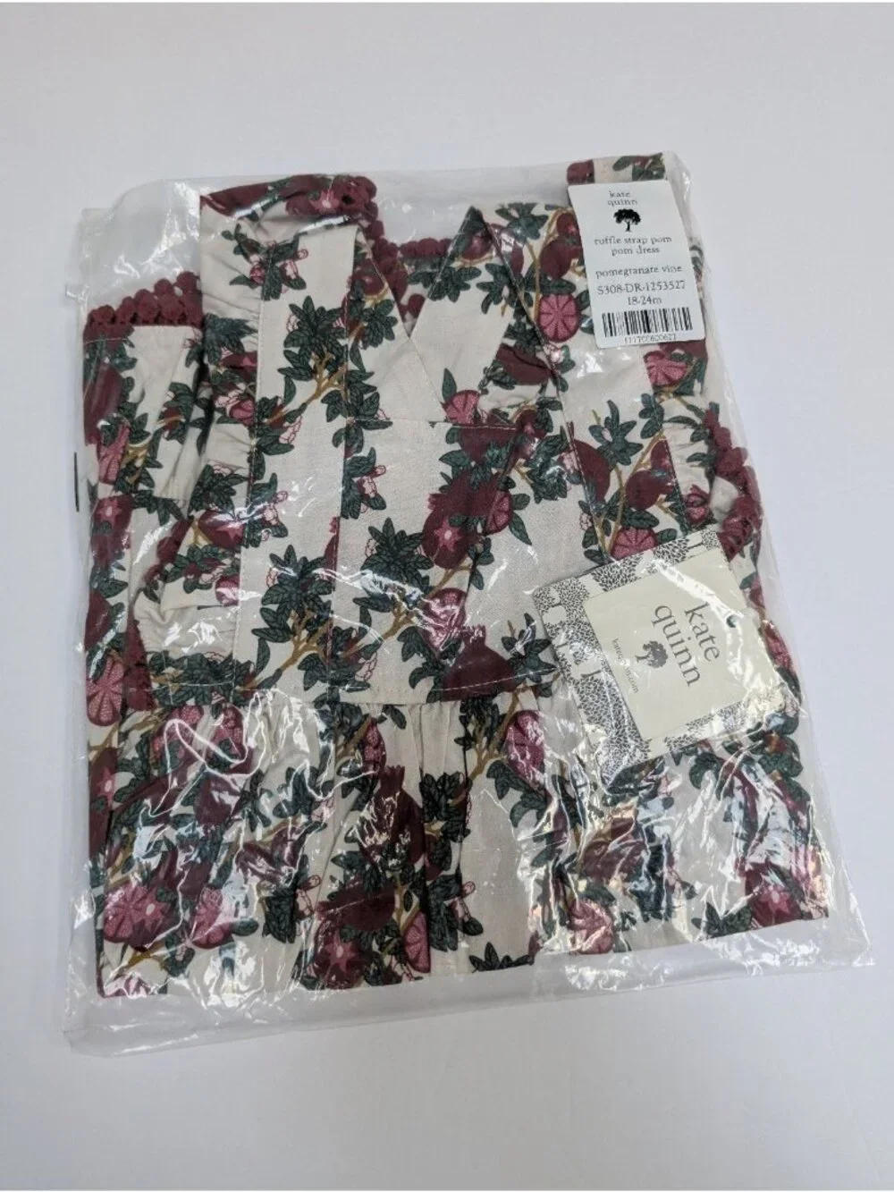 Pomegranate Vine Ruffle Strap Pom Pom Dress 18-24 Kate Quinn Organic Cotton